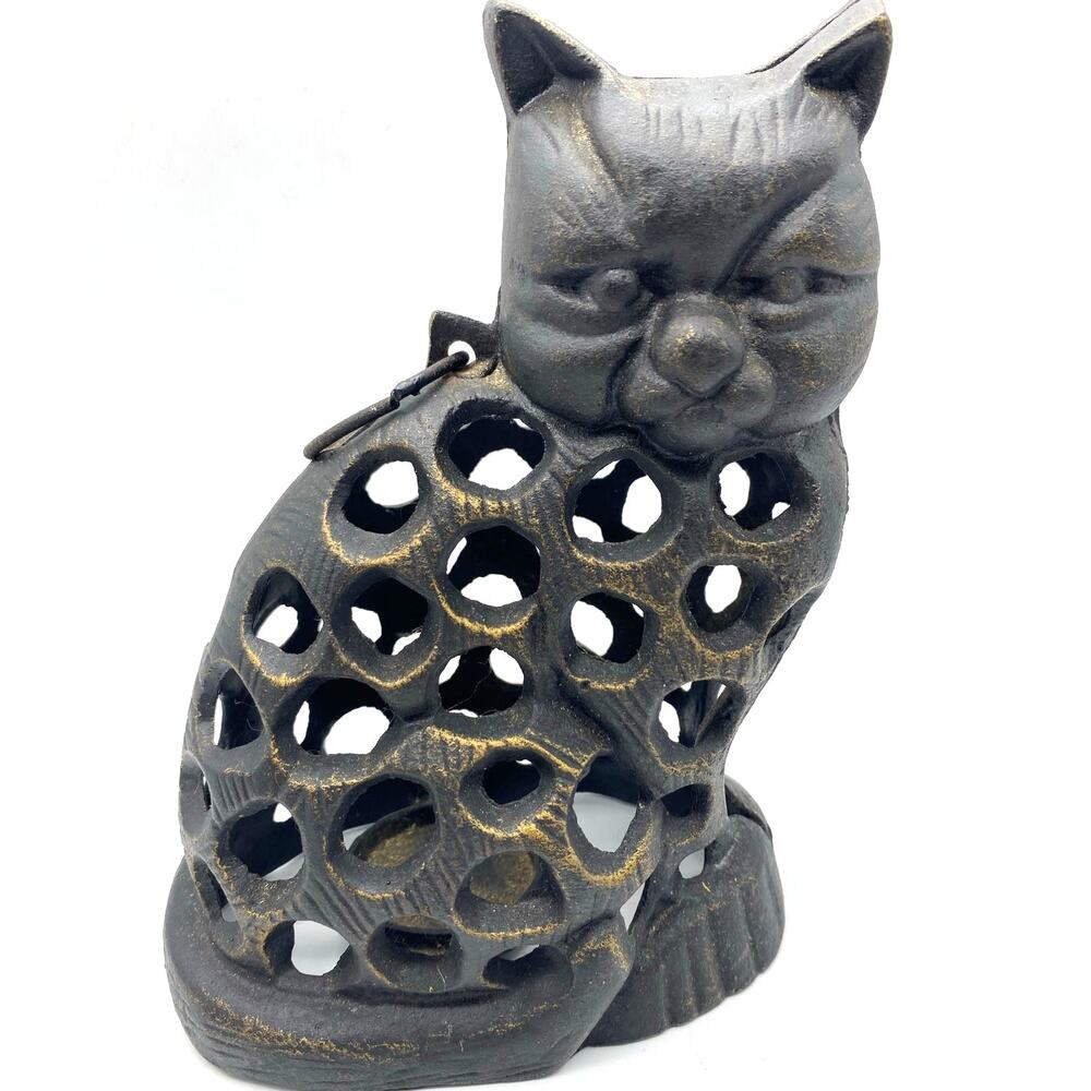 VTG Cast Iron Cat‎ Lantern Japan Cast Iron Pouty Cat Lantern 8.5" tall Vintage